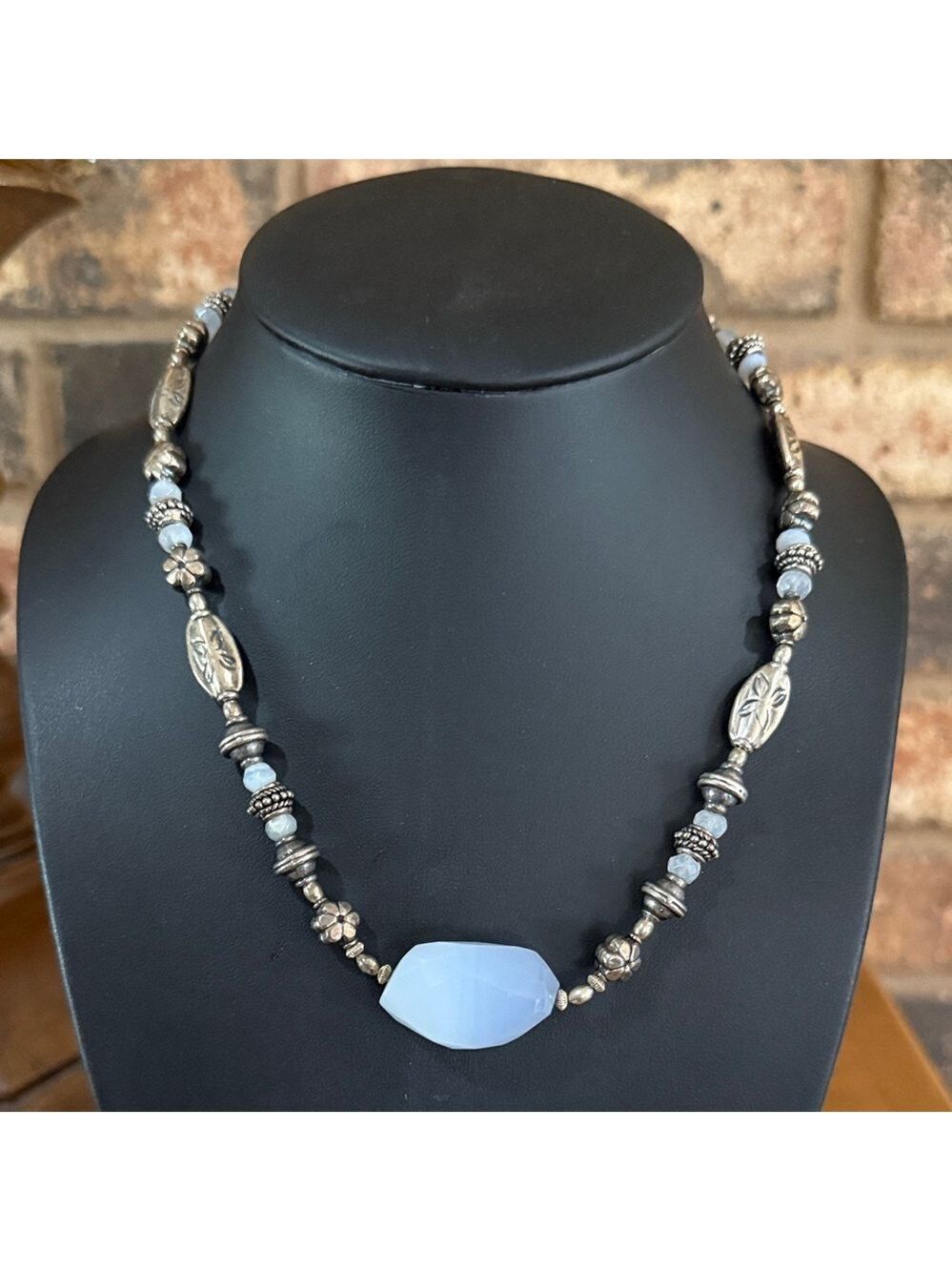 Vintage ice blue agate stone necklace with silver tone beads